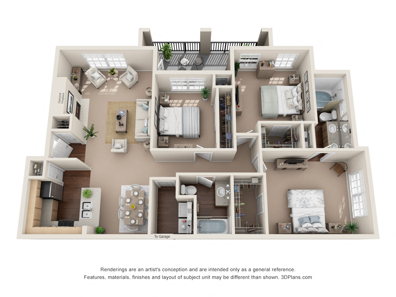 Floor plan for 3 beds, 2 baths, 1436 sqft